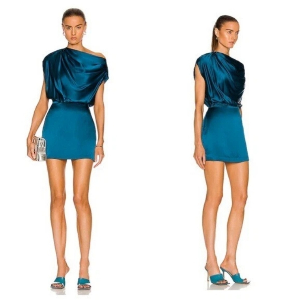 The Sei Draped Silk Satin Mini Dress In Peacock 4